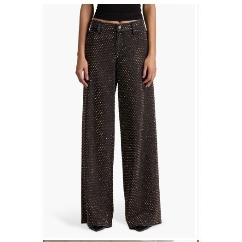Alice + Olivia Black Gold Metallic Studded High Rise Wide Leg Jeans Glam NWT 28 - Picture 8 of 10